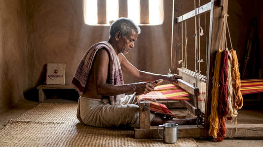 Artisan weaving khanduapata on traditional loom