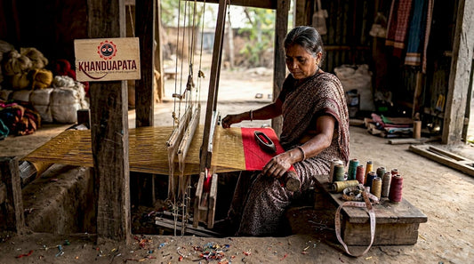Woman weaving traditional silk saree by hand
