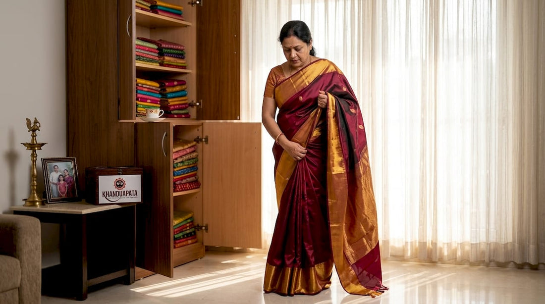 Woman draping colorful silk saree at home