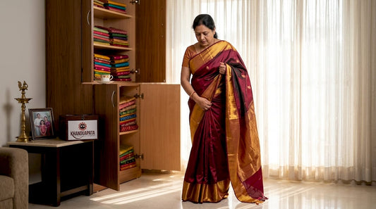Woman draping colorful silk saree at home