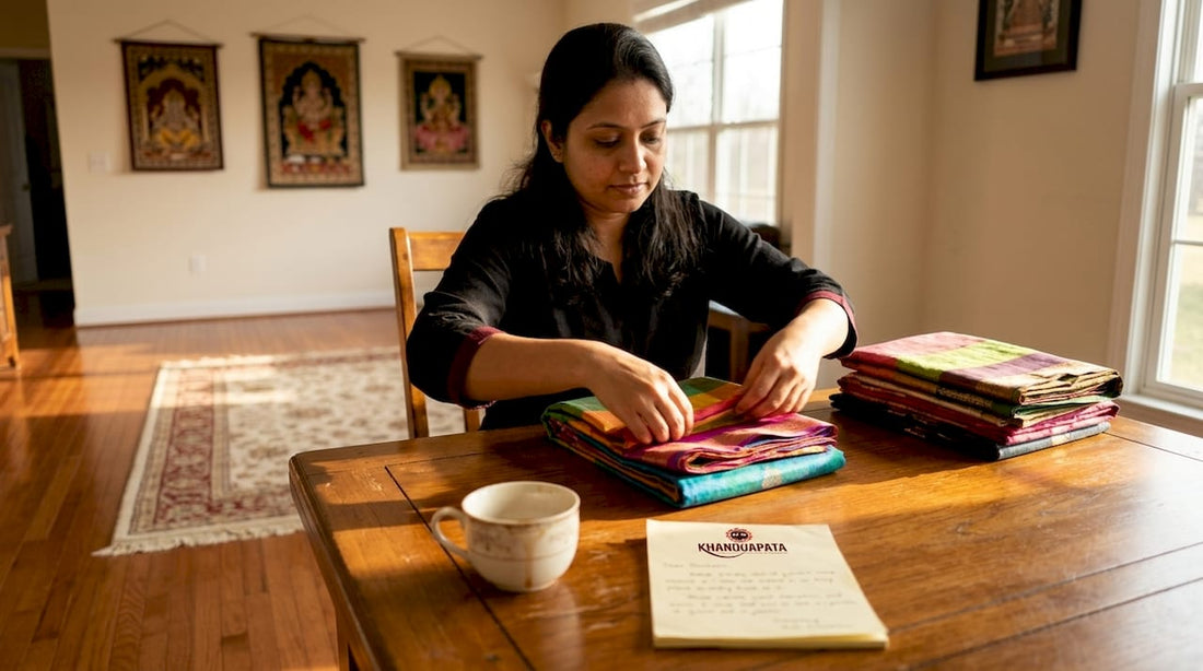 Woman folding saree in sunlit living room