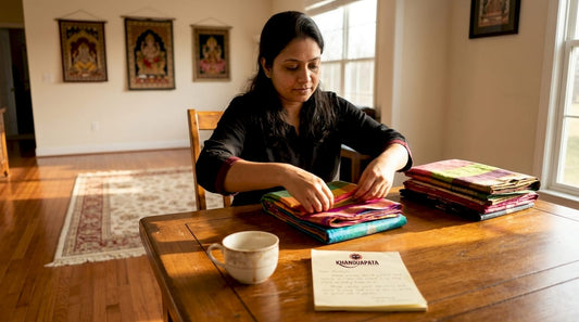 Woman folding saree in sunlit living room