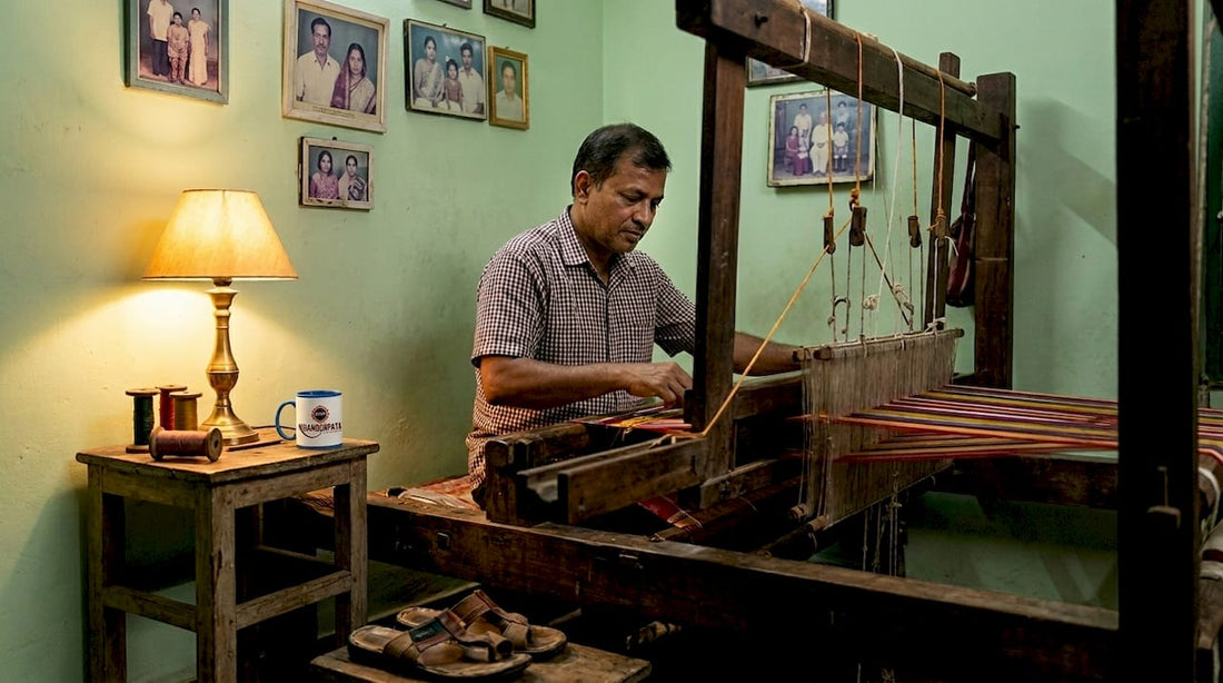 Artisan weaving fabric at home loom