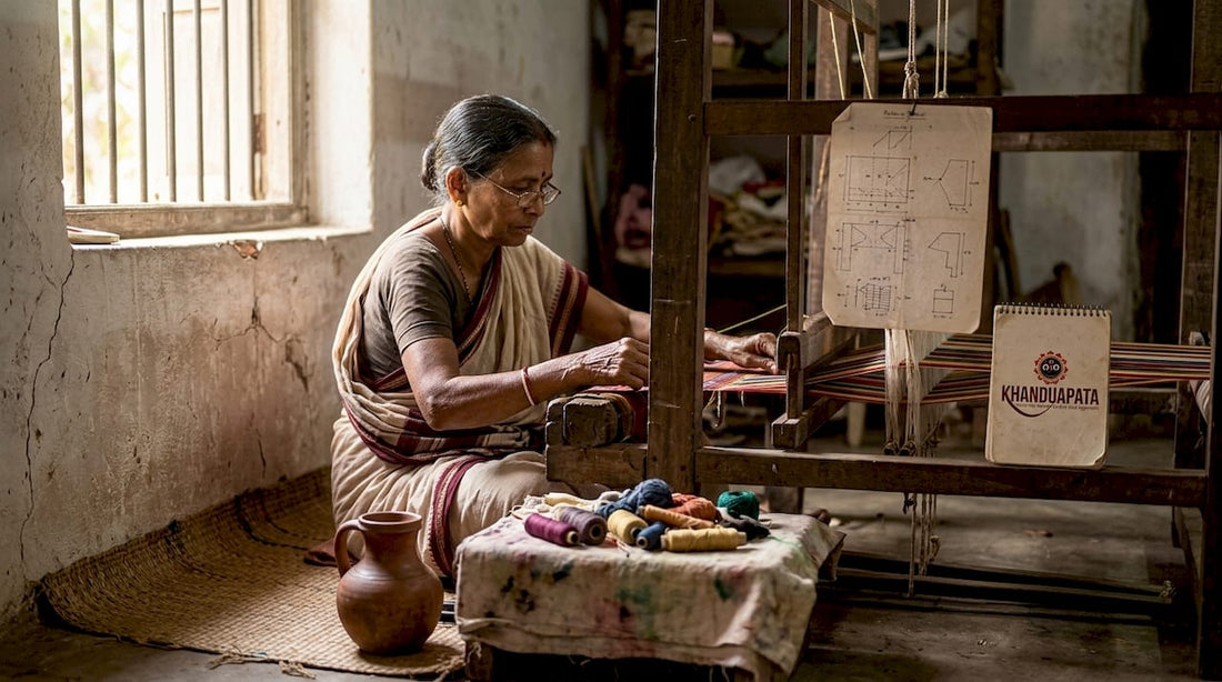 Odisha artisan weaving Khanduapata at home loom