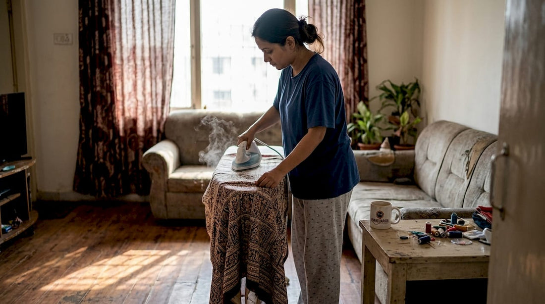 Woman ironing cotton saree in cozy living room