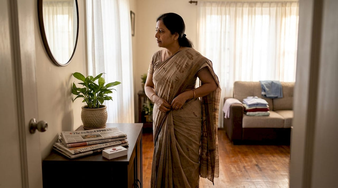 Woman draping saree in everyday home setting