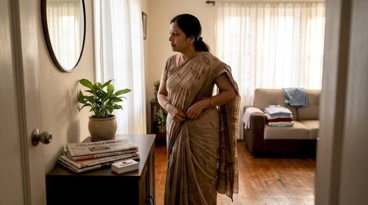 Woman draping saree in everyday home setting