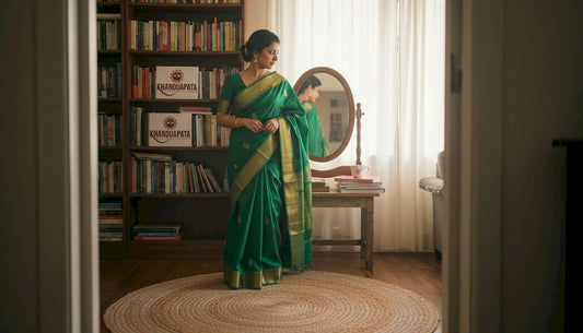 Woman adjusting saree near bookcase at home