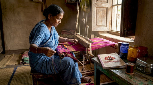 Elderly Indian weaver at silk handloom