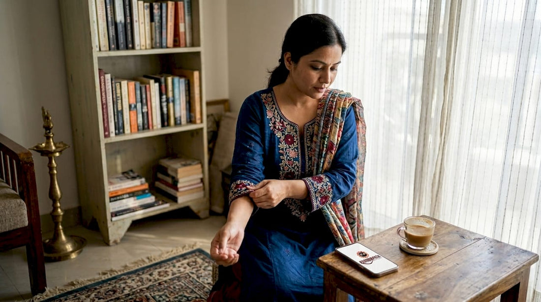 Woman adjusting embroidered shalwar suit at home