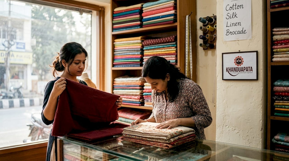 Women selecting unstitched shalwar suit fabrics