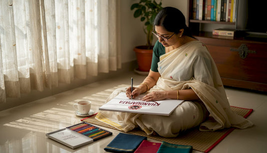 Artisan designing saree motif in home workspace