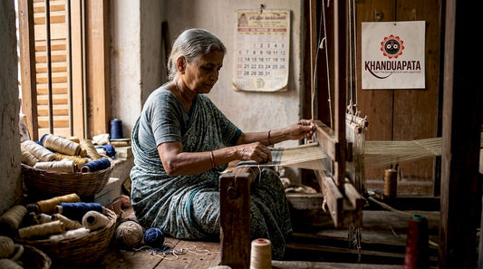Artisan weaving at handloom in home workshop