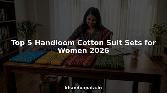 Woman reviewing handloom cotton suit sets table