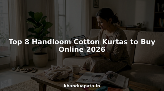 Woman shopping online in handloom cotton kurta living room