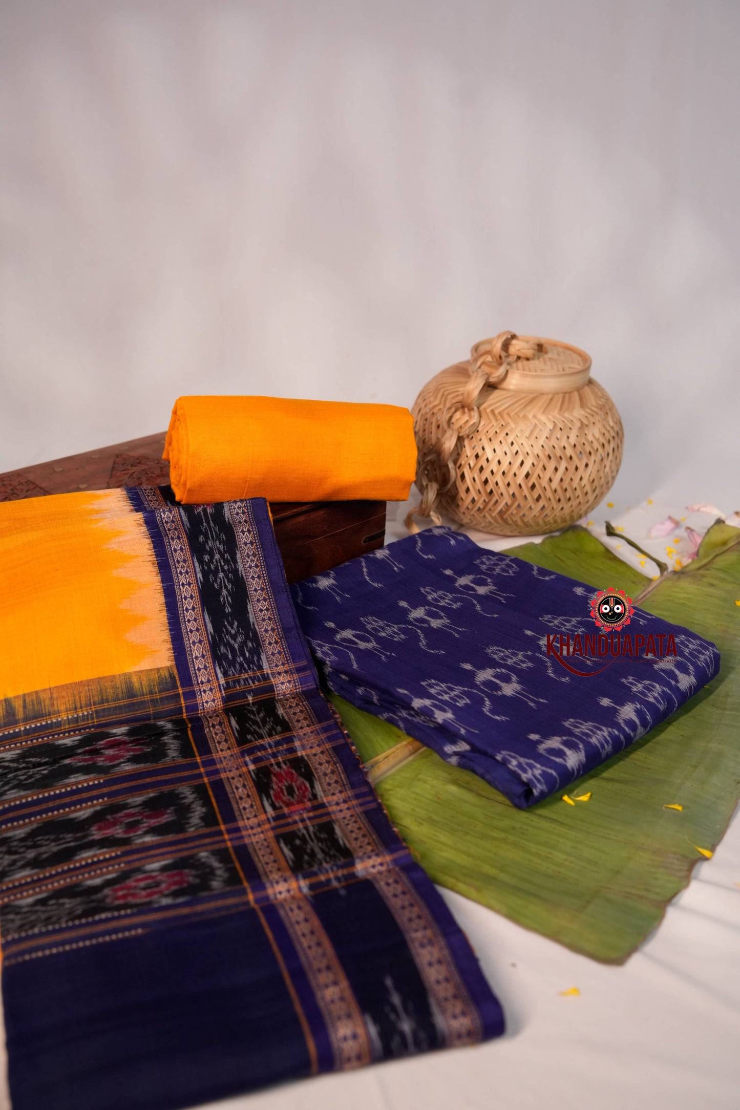 Yellow & Blue Ethnic Design Unstitched Cotton Suit For Women