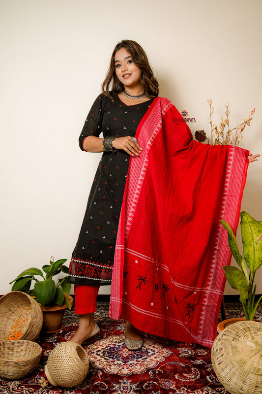 Black & Red Embroidery Design Unstitched Suit For Women