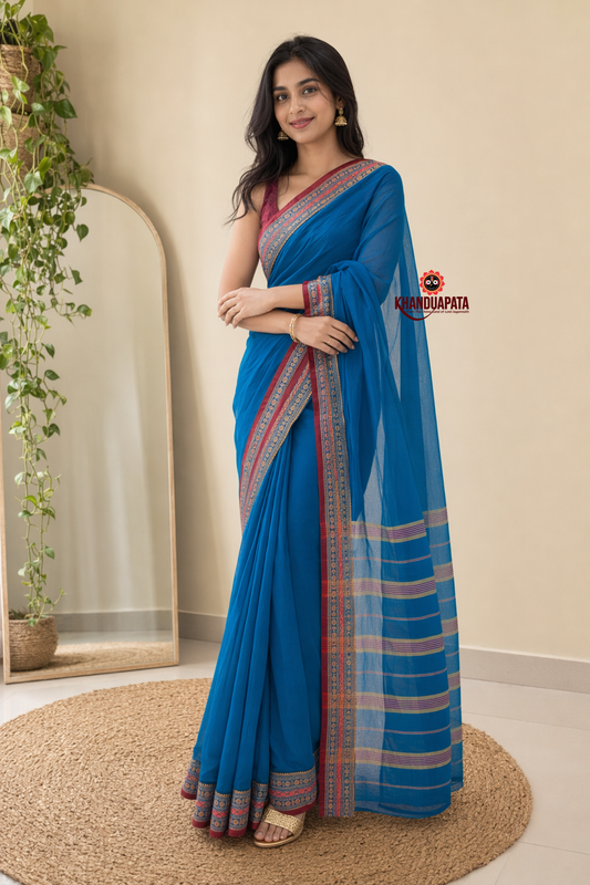 Blue & Pink Contrast Border Cotton Saree For Women