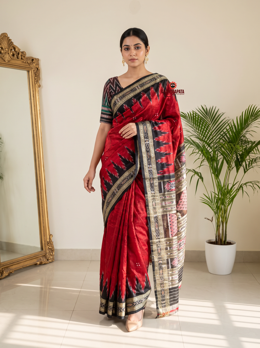 Red & Black Colour Traditional Ikat Design Silk Saree For Women