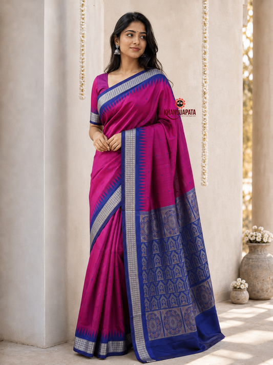 Blue and magenta colour dot design silk saree by Khanduapata - full view