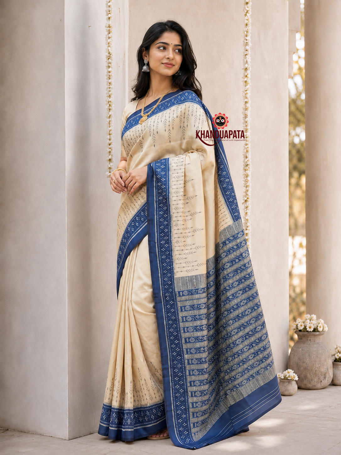 Ivory and indigo-blue border plain silk saree by Khanduapata - full view