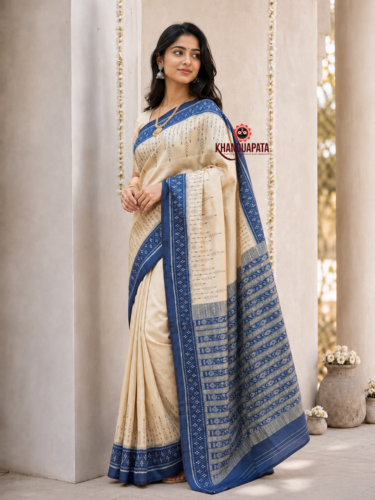 Ivory and indigo-blue border plain silk saree by Khanduapata - full view