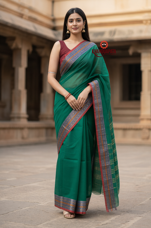 Teal Green Plain Body Cotton Saree For Women