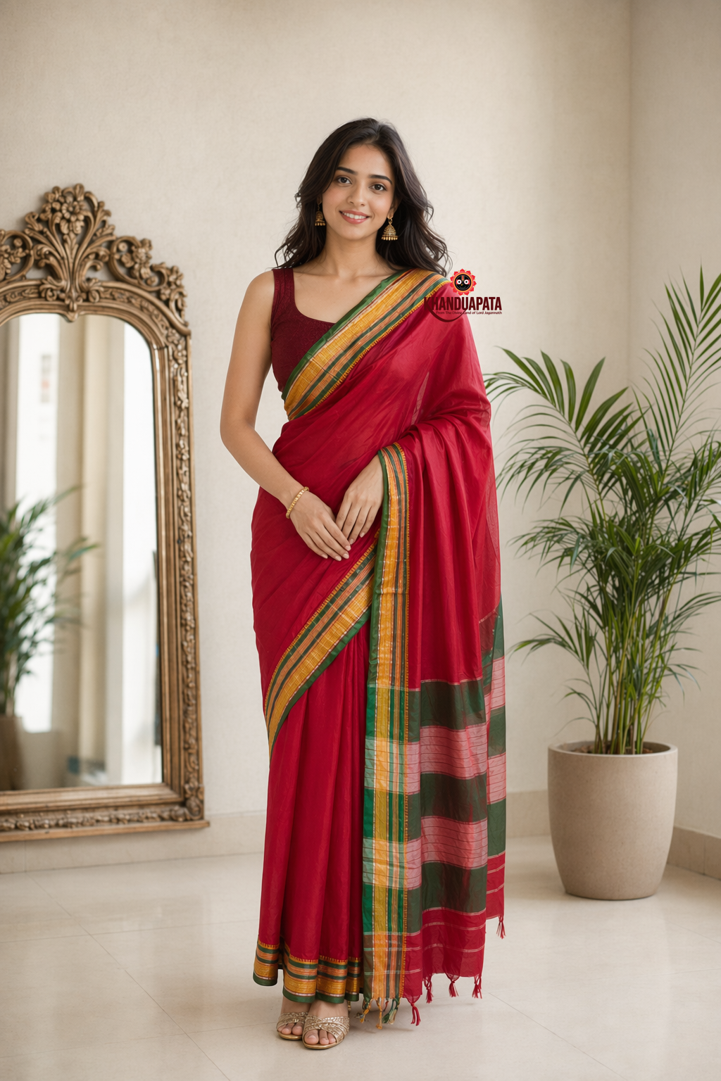 Light Red Plain Body Cotton Silk Saree For Women