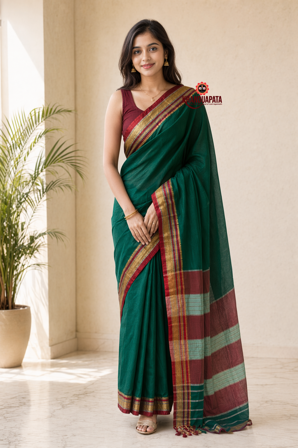 Teal Green Plain Body Cotton Silk Saree For Women