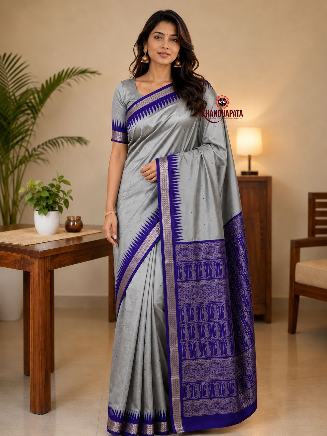 Grey and blue colour dot design silk saree by Khanduapata - full view