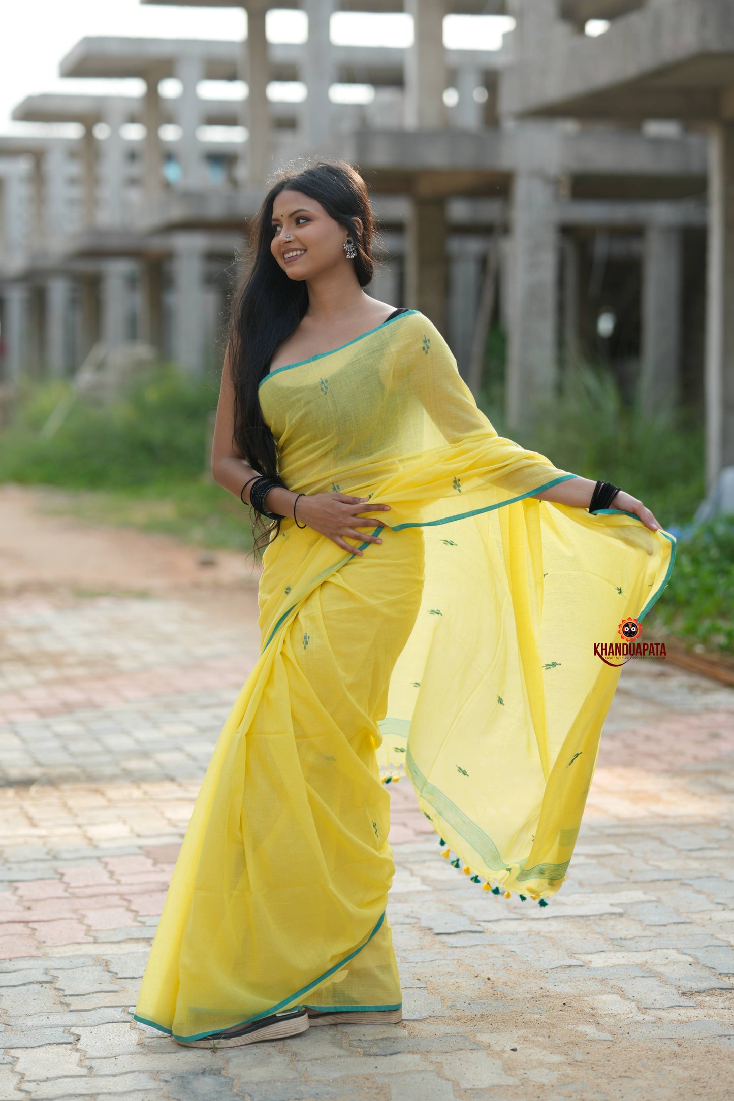 Yellow and Green Leaf Pattern Cotton Saree For Women