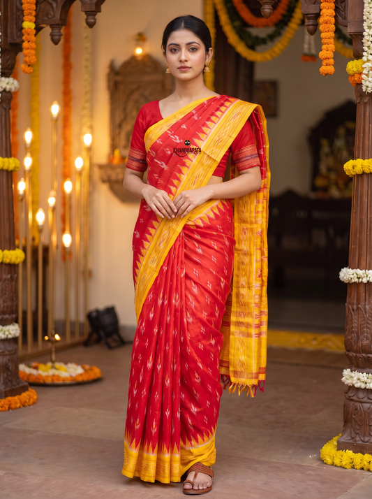 Red & Bright Yellow Colour Traditional Ikat Design Silk Saree For Women