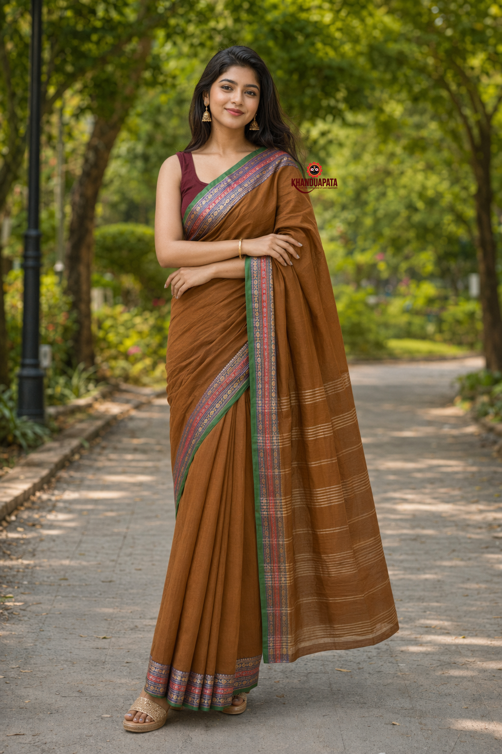 Rust Brown Traditional Border Cotton Saree For Women
