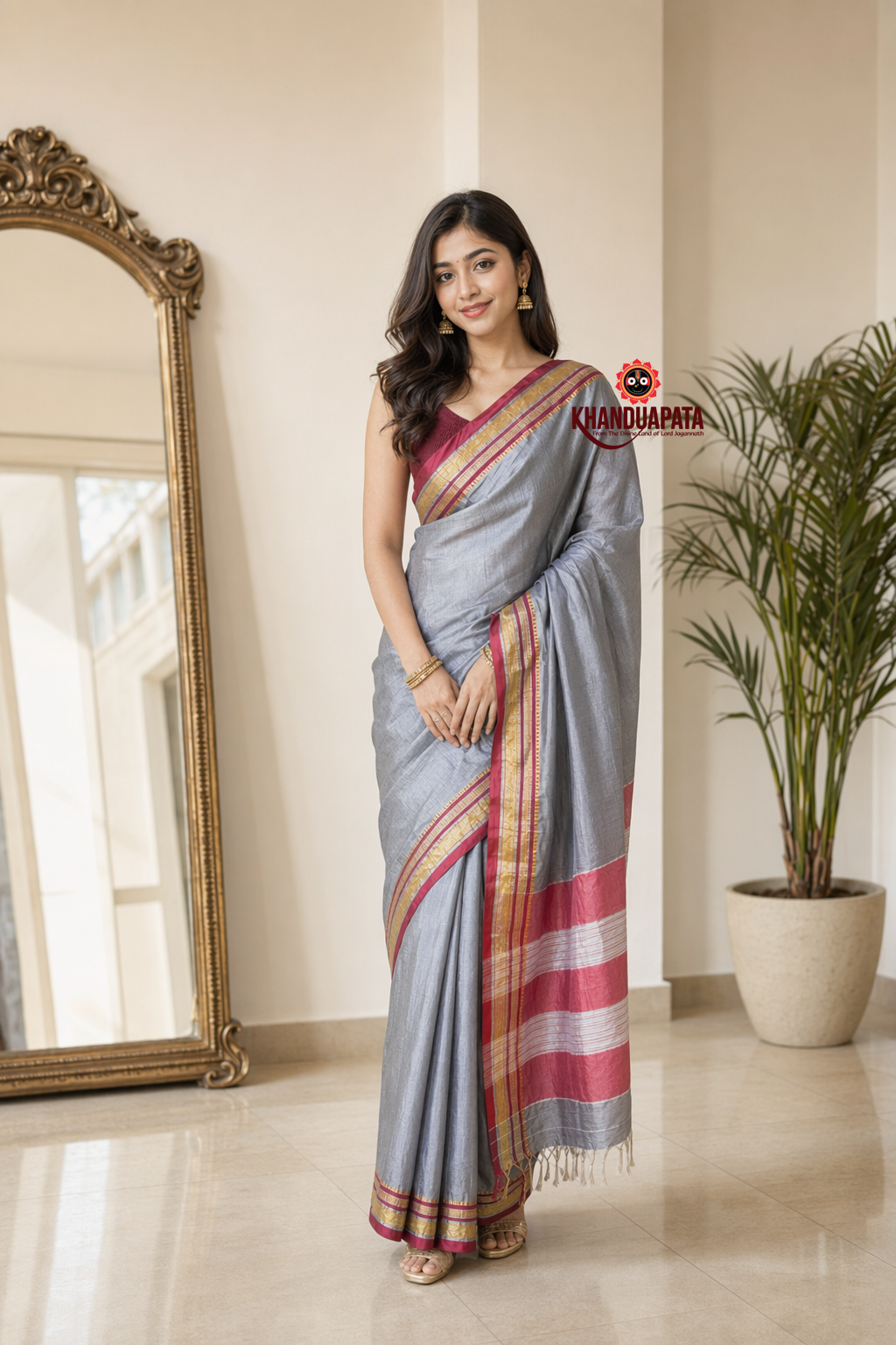 Silver Grey Plain Body Cotton Silk Saree For Women