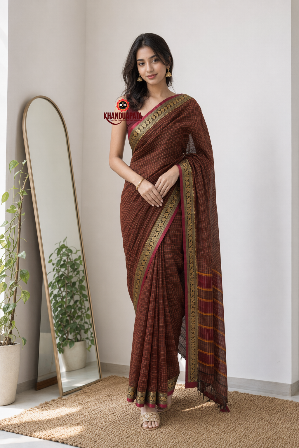 Brown Checked Traditional Border Cotton Saree For Women