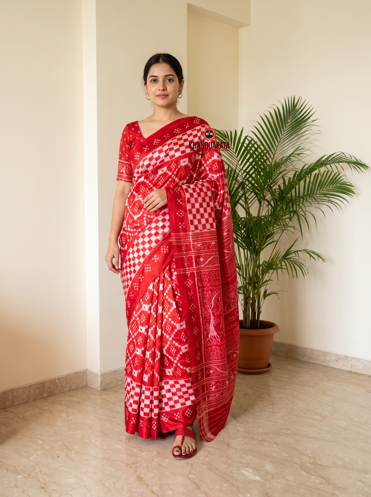 Red and white colour traditional checkered design silk saree by Khanduapata - full view