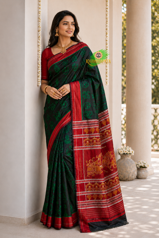 Black and green colour floral design silk saree by Khanduapata - full view