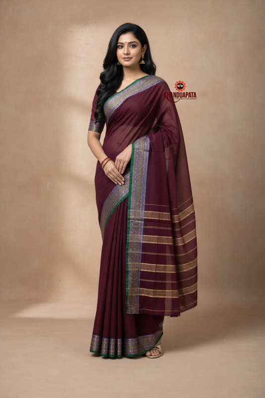 Deep Maroon Colour Plain Body Cotton Saree For Women