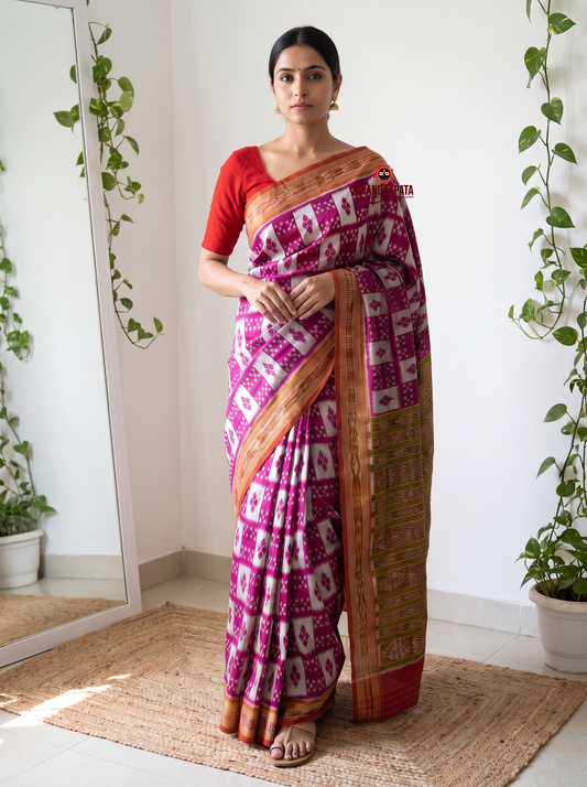 Magenta & White Colour Geometric Ikat Design Silk Saree For Women