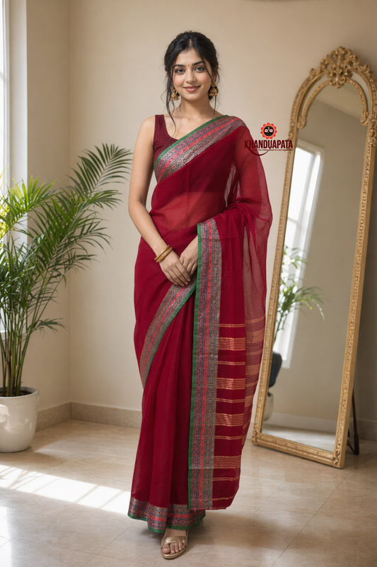 Deep Red Plain Body Cotton Saree For Women