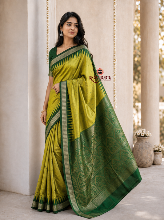 Olive and dark green colour dot design silk saree by Khanduapata - full view