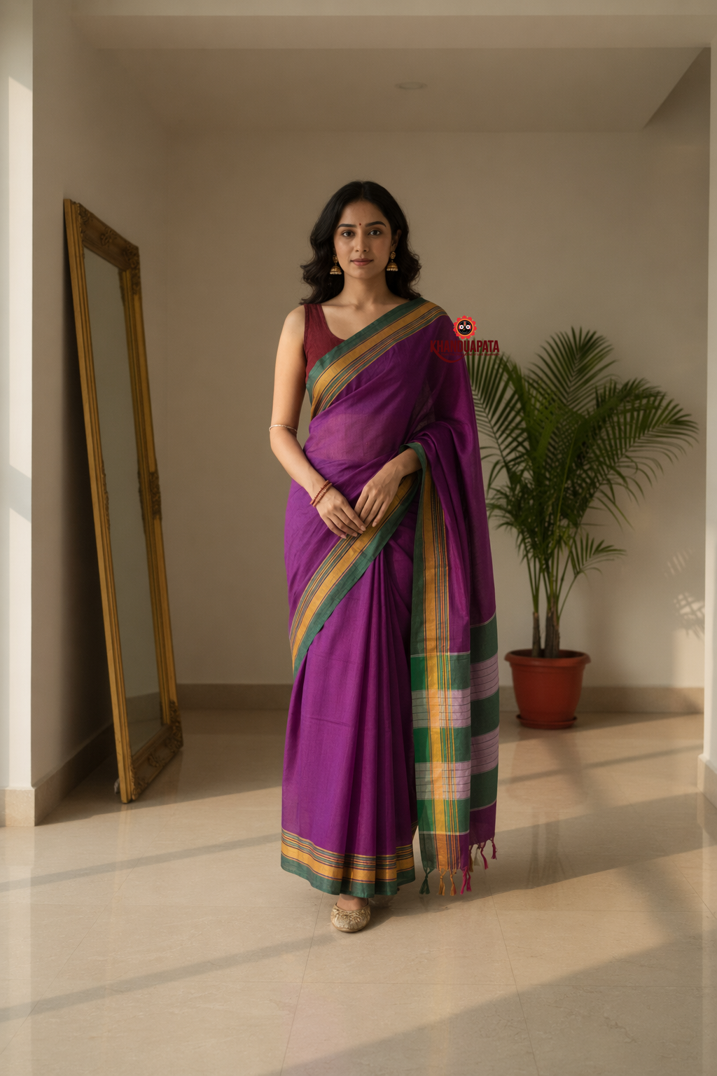 Purple & Green Plain Body Cotton Silk Saree For Women