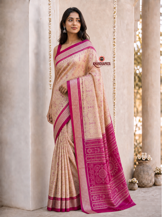 Cream and magenta floral design silk saree by Khanduapata - full view