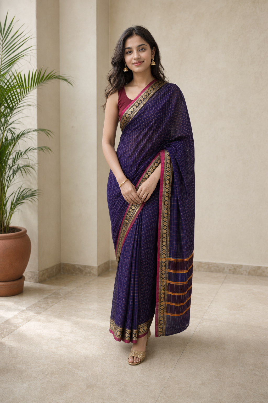 Navy Blue Checked Contrast Border Cotton Saree For Women