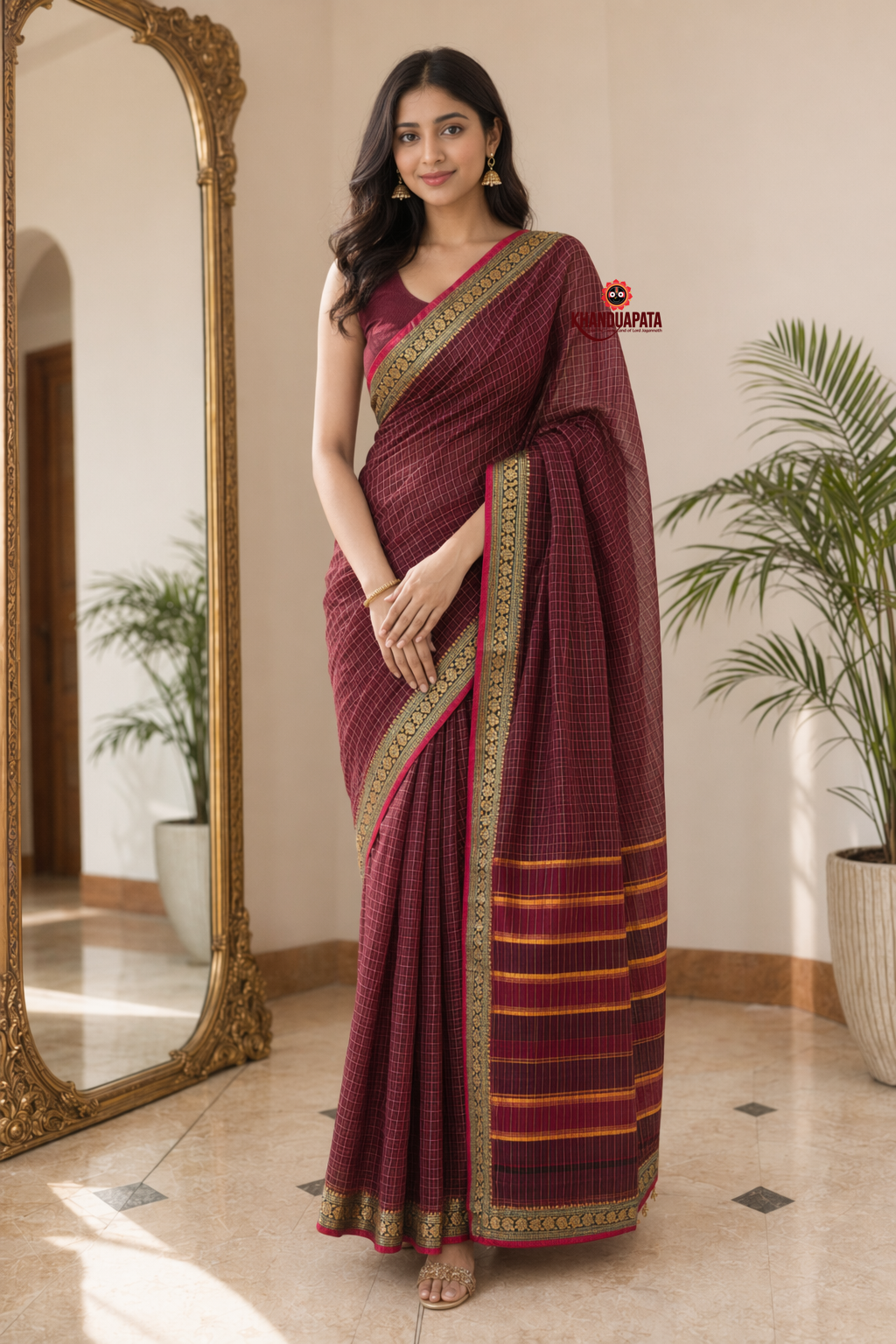 Deep Red Checked Traditional Border Cotton Saree For Women