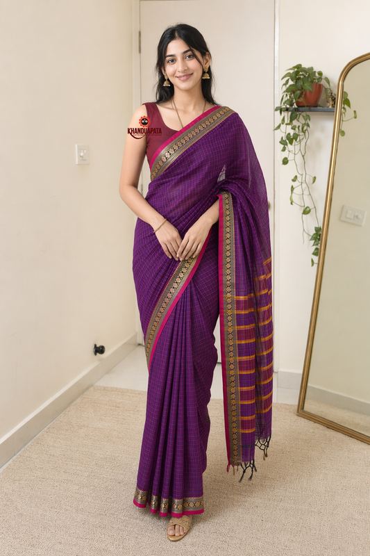 Deep Purple Checked Traditional Border Cotton Saree For Women