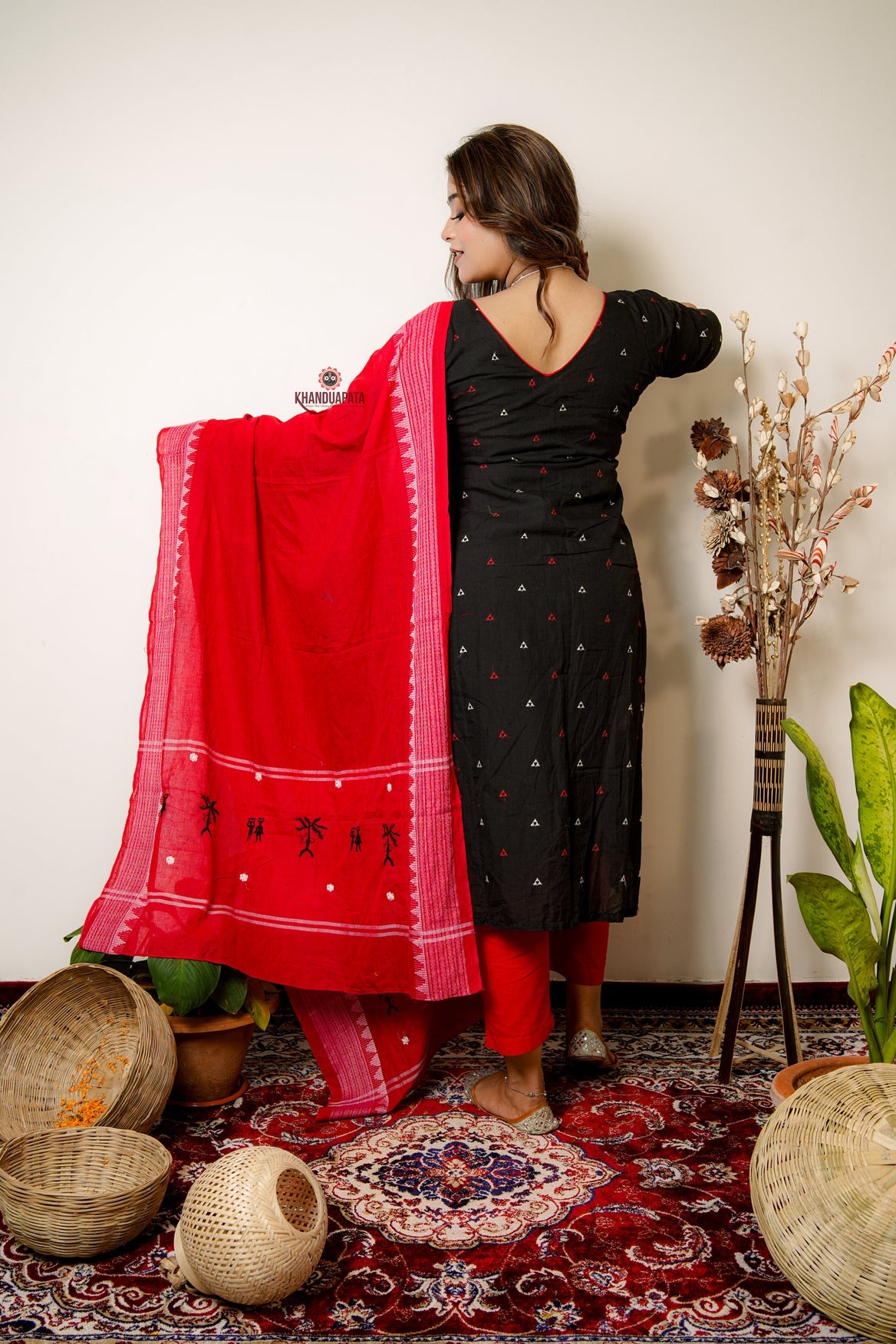 Black & Red Embroidery Design Unstitched Suit For Women