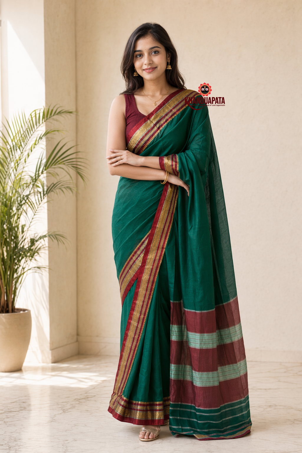 Teal Green Plain Body Cotton Silk Saree For Women