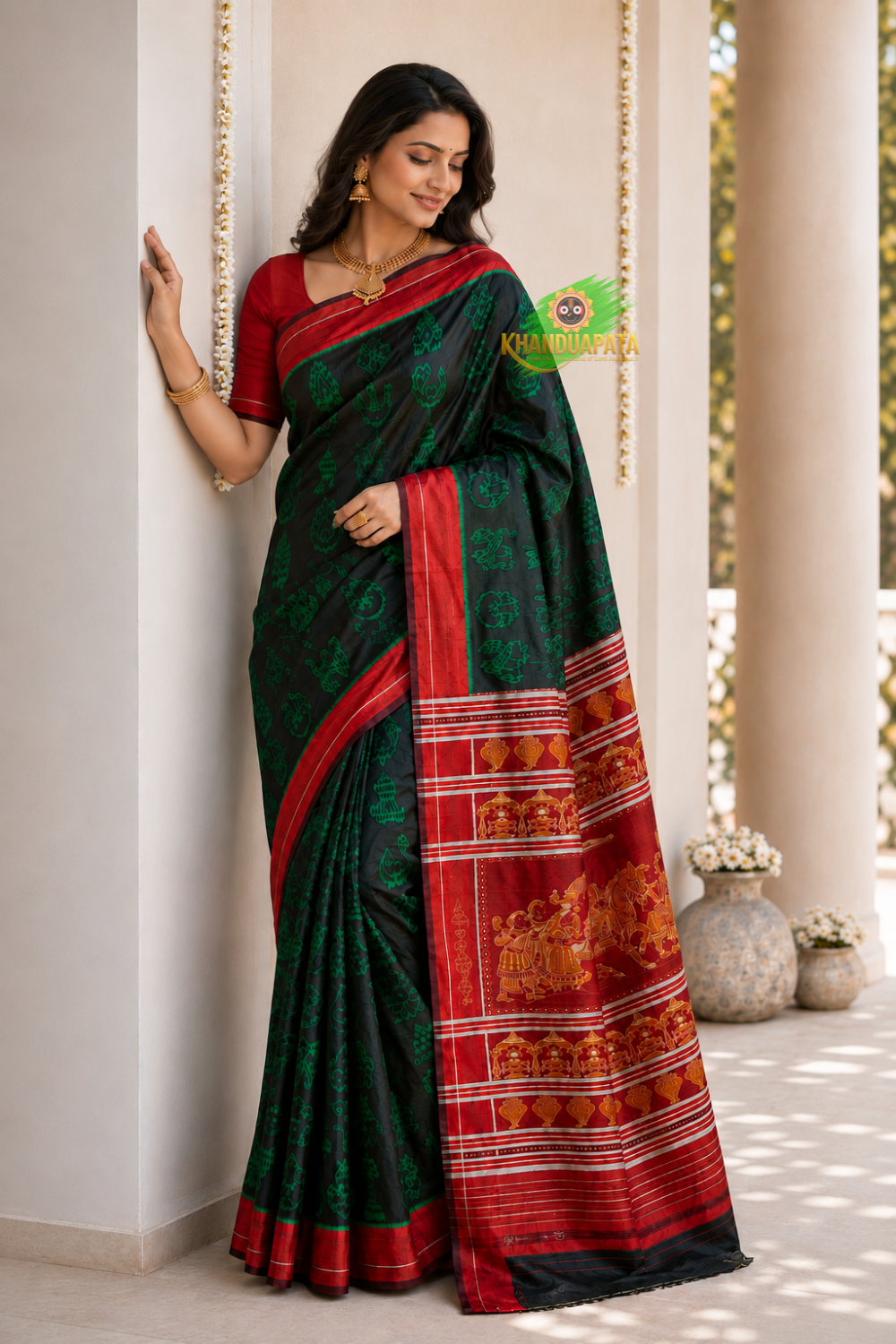 Black and green colour floral design silk saree by Khanduapata - draped view