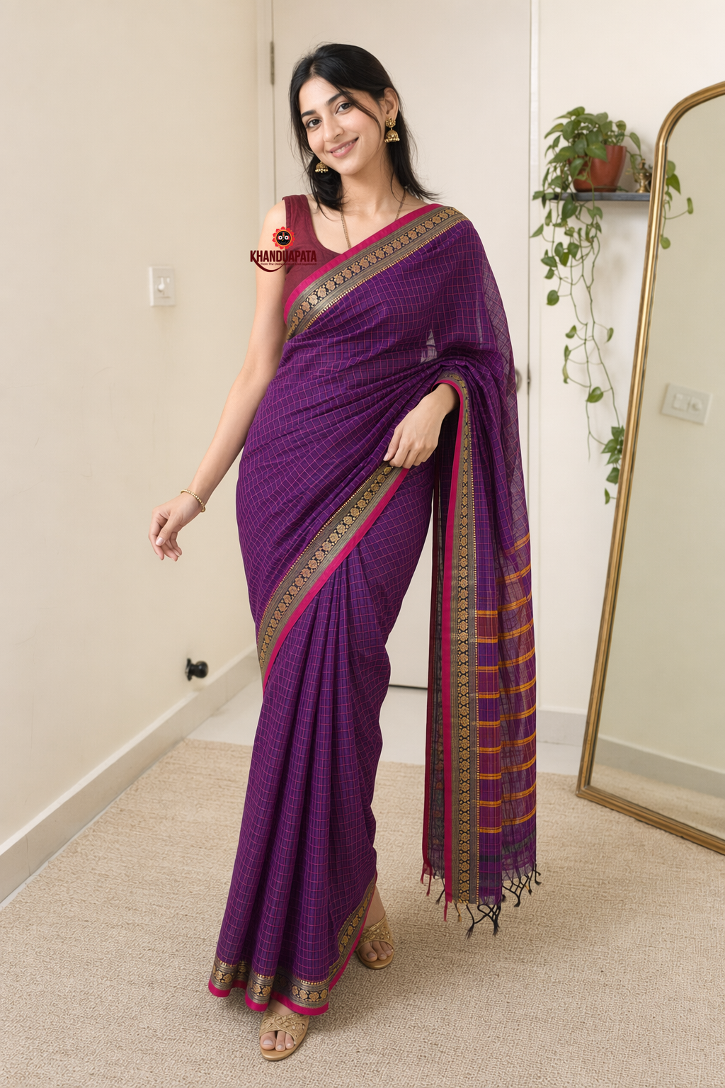 Deep Purple Checked Traditional Border Cotton Saree For Women